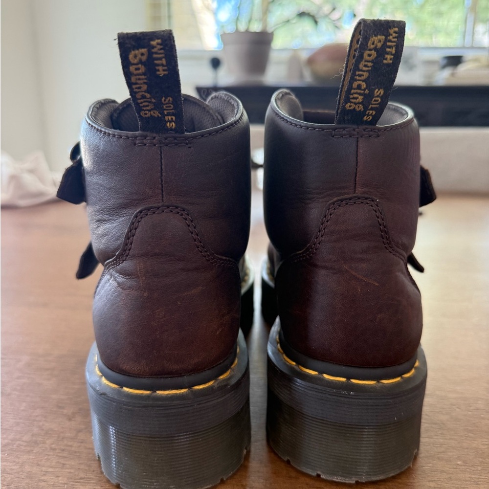 Dr. Martens Dark Brown Leather Platform Flower Buckle Ankle Boots - Picture 3 of 6